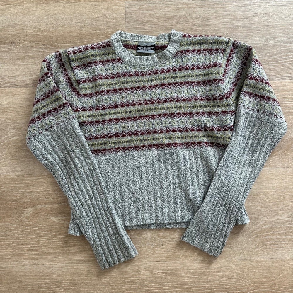 Evolution Not Revolution Women Grey Fair Isle Ribbed Knit Cropped Sweater M